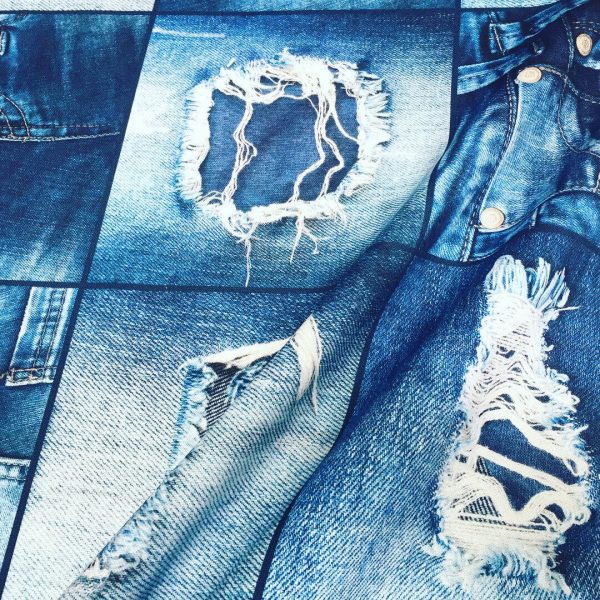 DENIM JEANS Effect Fabric for Furnishing, Curtains, Backdrop - blue patchwork cotton material - 110"/280cm extra wide - jeans print canvas