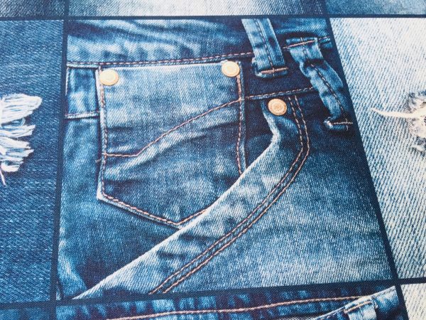 DENIM JEANS Effect Fabric for Furnishing, Curtains, Backdrop - blue patchwork cotton material - 110"/280cm extra wide - jeans print canvas