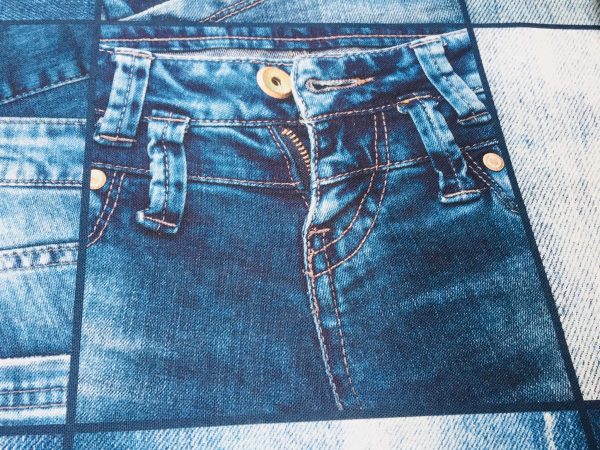 DENIM JEANS Effect Fabric for Furnishing, Curtains, Backdrop - blue patchwork cotton material - 110"/280cm extra wide - jeans print canvas
