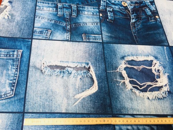 DENIM JEANS Effect Fabric for Furnishing, Curtains, Backdrop - blue patchwork cotton material - 110"/280cm extra wide - jeans print canvas