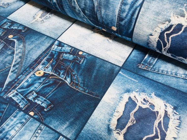 DENIM JEANS Effect Fabric for Furnishing, Curtains, Backdrop - blue patchwork cotton material - 110"/280cm extra wide - jeans print canvas