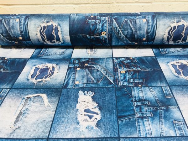 DENIM JEANS Effect Fabric for Furnishing, Curtains, Backdrop - blue patchwork cotton material - 110"/280cm extra wide - jeans print canvas