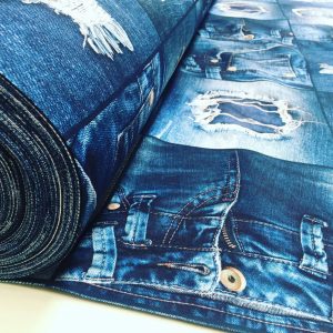 DENIM JEANS Effect Fabric for Furnishing, Curtains - blue denim patchwork cotton material - 55"/140cm wide - jeans print denim canvas