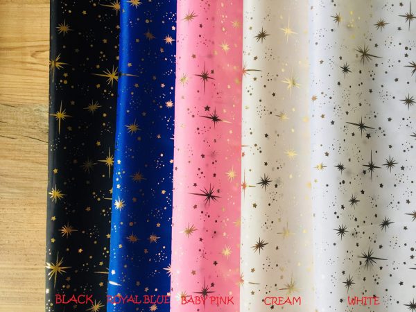 ICE STAR Silk Taffeta Fabric Nylon Waterproof Material - Gold Stars Foil Print Tafeta - 150cm wide