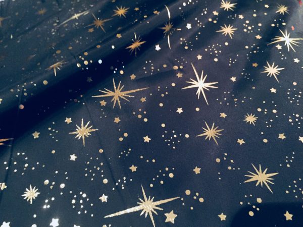 ICE STAR Silk Taffeta Fabric Nylon Waterproof Material - Gold Stars Foil Print Tafeta - 150cm wide