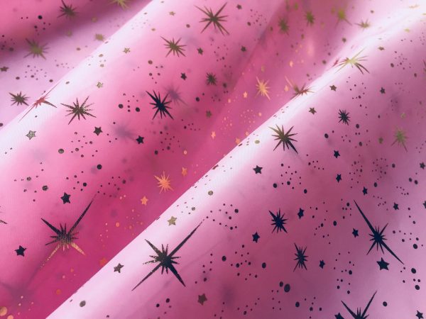 ICE STAR Silk Taffeta Fabric Nylon Waterproof Material - Gold Stars Foil Print Tafeta - 150cm wide