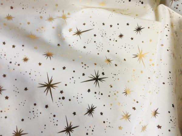 ICE STAR Silk Taffeta Fabric Nylon Waterproof Material - Gold Stars Foil Print Tafeta - 150cm wide