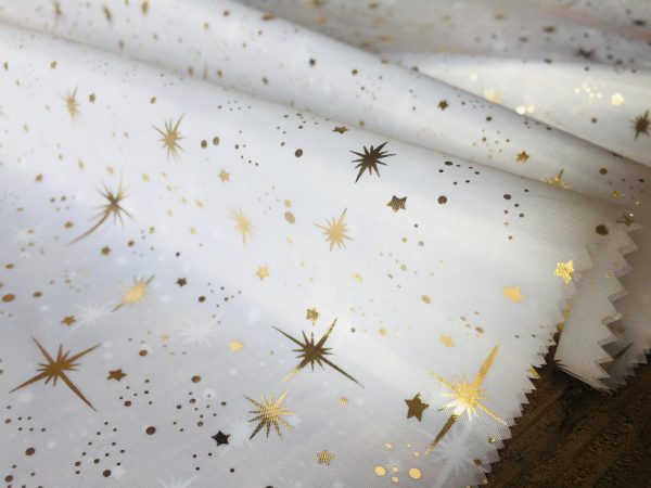 ICE STAR Silk Taffeta Fabric Nylon Waterproof Material - Gold Stars Foil Print Tafeta - 150cm wide