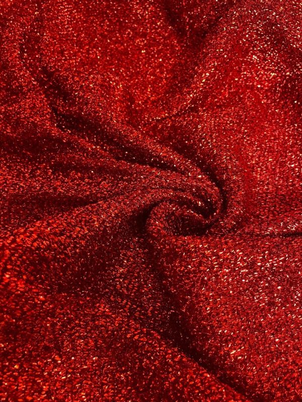 Sparkling Tinsel Lurex Fabric Stretch Metallic Glitter Lametta Shimmer Material 59" or 150cm Wide - Red
