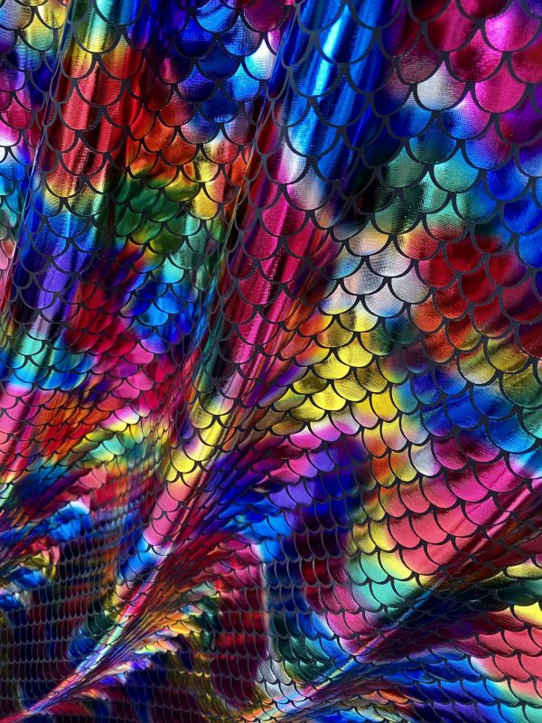 Mermaid Scale Fabric Fish Tale Foil Iridescent Stretch Spandex Material - 150cm wide - Rainbow on Black
