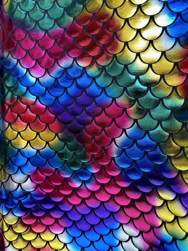 Mermaid Scale Fabric Fish Tale Foil Iridescent Stretch Spandex Material - 150cm wide - Rainbow on Black - Image 2