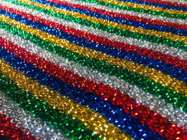 Mettalic Tinsel Lurex Fabric Material - Sparkling Striped Rasta Print Silver Gold Glitter - 150cm wide