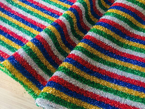 Mettalic Tinsel Lurex Fabric Material - Sparkling Striped Rasta Print Silver Gold Glitter - 150cm wide