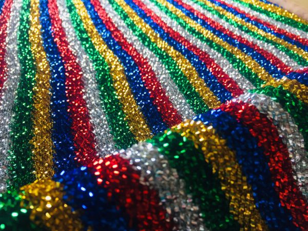 Rainbow Mettalic Tinsel Lurex Fabric Material - Sparkling Striped Rasta Print Glitter - 150cm wide
