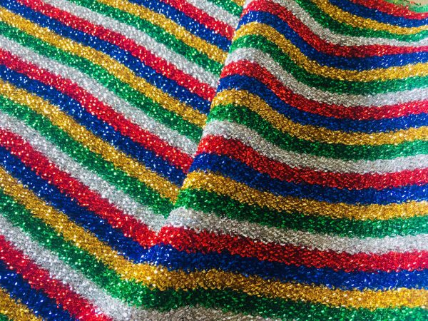 Rainbow Mettalic Tinsel Lurex Fabric Material - Sparkling Striped Rasta Print Glitter - 150cm wide