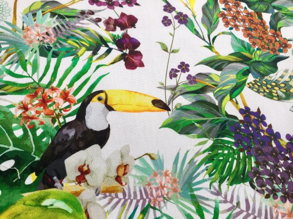 Tropical Toucan Bird Fabric Curtain Upholstery Cotton Material / botanical palm leaf garden / digital print fabric / 140cm or 55" wide