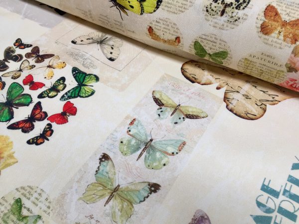 Vintage Butterfly Music Note Fabric Cotton Material for Curtains Upholstery Dress - Floral Digital Print Textile - 110"/280cm extra wide