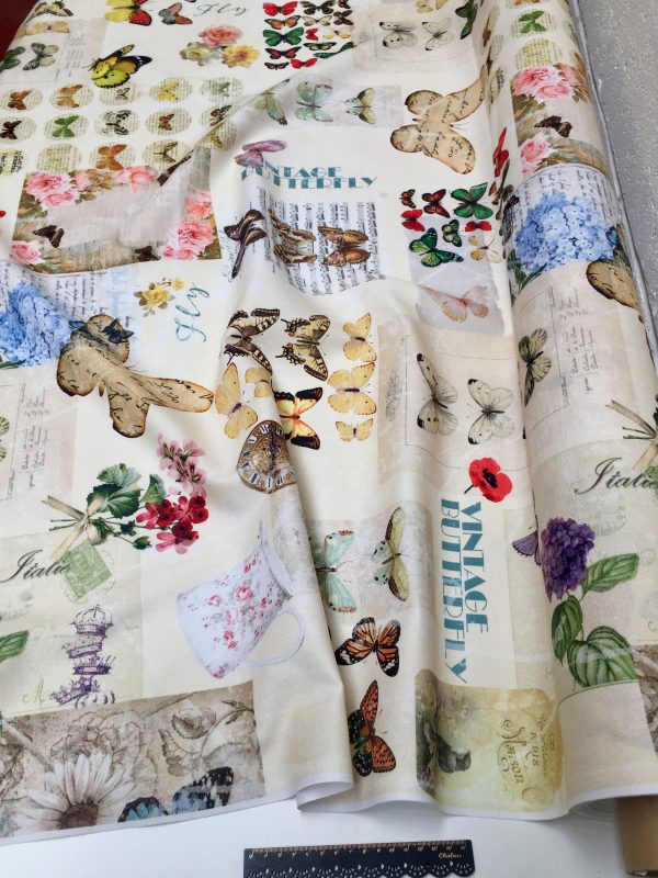 Vintage Butterfly Music Note Fabric Cotton Material for Curtains Upholstery Dress - Floral Digital Print Textile - 110"/280cm extra wide