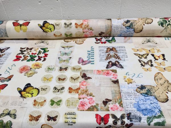 Vintage Butterfly Music Note Fabric Cotton Material for Curtains Upholstery Dress - Floral Digital Print Textile - 110"/280cm extra wide