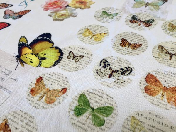 Vintage Butterfly Music Note Fabric Cotton Material for Curtains Upholstery Dress - Floral Digital Print Textile - 110"/280cm extra wide