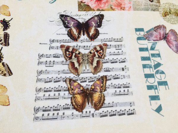 Vintage Butterfly Music Note Fabric Cotton Material for Curtains Upholstery Dress - Floral Digital Print Textile - 110"/280cm extra wide
