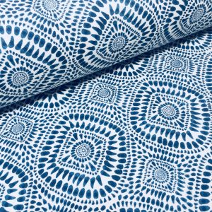 Blue & White Spanish Tile Flower Mandala Fabric Cotton Panama Material for Dress Decor Curtain Upholstery - 55" or 140cm wide