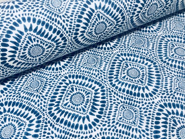 Blue & White Spanish Tile Flower Mandala Fabric Cotton Panama Material for Dress Decor Curtain Upholstery - 55" or 140cm wide