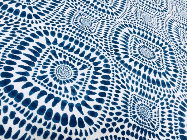 Blue & White Spanish Tile Flower Mandala Fabric Cotton Panama Material for Dress Decor Curtain Upholstery - 110" or 280cm wide