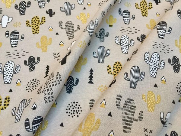 Mustard & Black Cactus Fabric Cacti Print - Kid Curtain Cotton Material - 55 inches wide