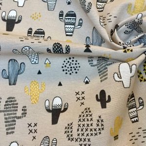 Mustard & Black Cactus Fabric Cacti Print - Kid Curtain Cotton Material - 55 inches wide