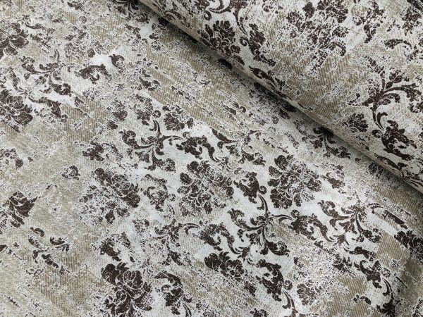 Antique Vintage Damask Print Fabric Baroque Material for Curtains Upholstery Dressmaking - 55'' (140cm) wide - BROWN & Cream Canvas
