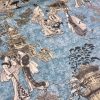 Geisha Japanese Pagoda Oriental Twill Curtain Fabric Material - 110'' extra wide textile - Blue, Mustard