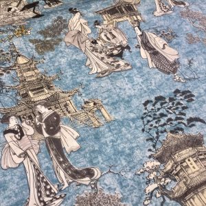 Geisha Japanese Pagoda Oriental Twill Curtain Fabric Material - 110'' extra wide textile - Blue, Mustard