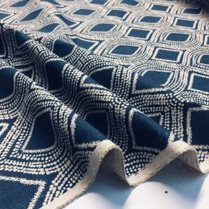 Art Deco Damask Floral Fabric Navy Blue Curtain Upholstery Linen look  - 140cm Wide