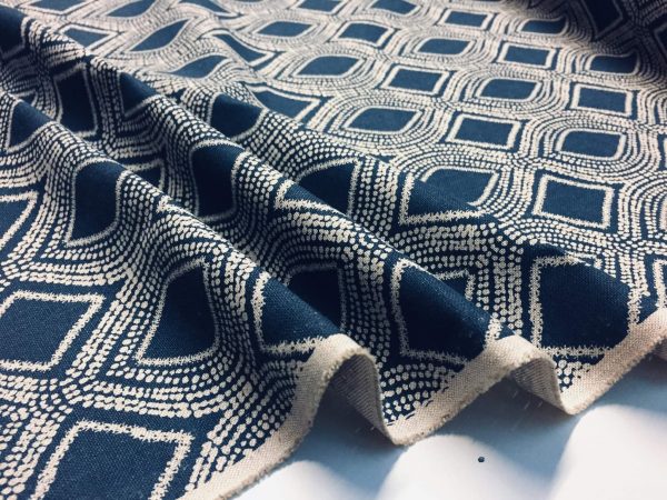 Art Deco Damask Floral Fabric Navy Blue Curtain Upholstery Linen look  - 140cm Wide