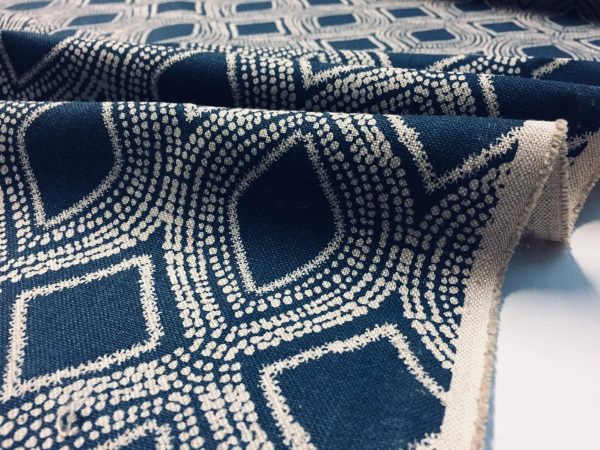 Art Deco Damask Floral Fabric Navy Blue Curtain Upholstery Linen look  - 140cm Wide