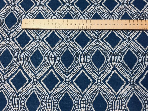 Art Deco Damask Floral Fabric Navy Blue Curtain Upholstery Linen look  - 140cm Wide