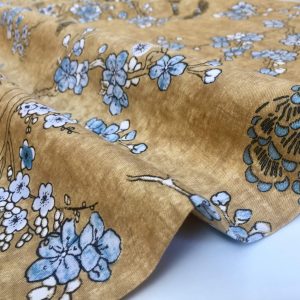 Japanese Sakura Blossom Cherry Floral Twill Curtain Fabric Oriental Furnishing Material - 110'' extra wide textile - Mustard, Blue