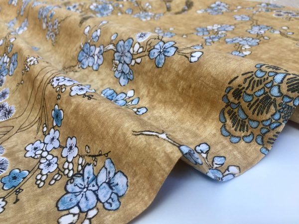 Japanese Sakura Blossom Cherry Floral Twill Curtain Fabric Oriental Furnishing Material - 110'' extra wide textile - Mustard, Blue