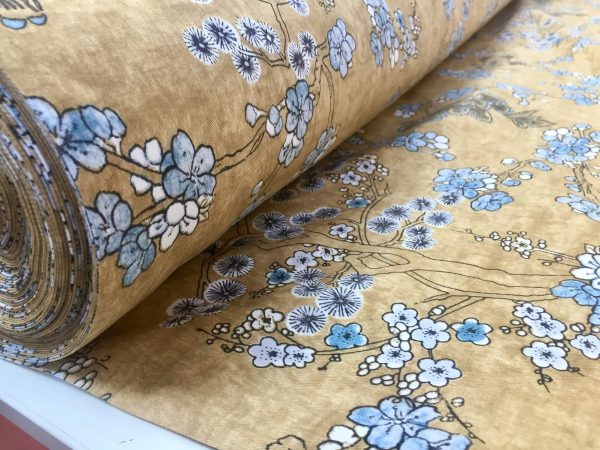 Japanese Sakura Blossom Cherry Floral Twill Curtain Fabric Oriental Furnishing Material - 55'' wide textile - Mustard, Blue
