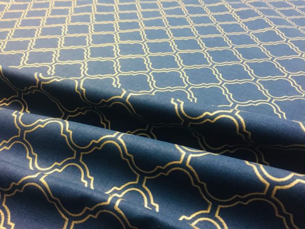 Gold Moroccan Arabic  Damask Fabric Print Navy Blue Curtain Upholstery  - 140cm Wide