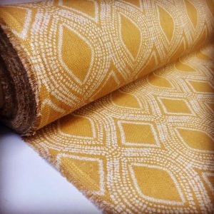 Art Deco Damask Rhombus Diamond Print Fabric Floral Cotton Material for Curtains Upholstery Home Decor - 140cm wide - Ocre Mustard Cream