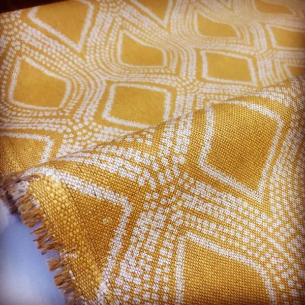 Art Deco Damask Rhombus Diamond Print Fabric Floral Cotton Material for Curtains Upholstery Home Decor - 140cm wide - Ocre Mustard Cream