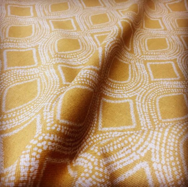 Art Deco Damask Rhombus Diamond Print Fabric Floral Cotton Material for Curtains Upholstery Home Decor - 140cm wide - Ocre Mustard Cream