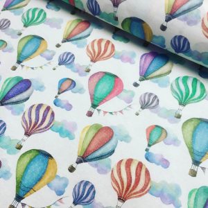 White HOT AIR BALLOON Print Cotton Material Fabric for Dress Making Curtains Upholstery Home Decor - 140cm wide (sold by the meter)