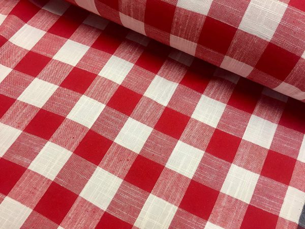 Gingham Linen Checked Linen Fabric Plaid Material Buffalo Check Cotton Yarn -140cm wide- Red & White