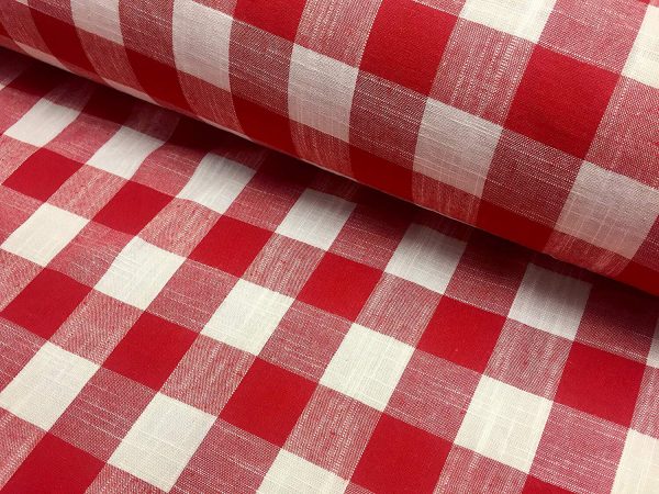 Gingham Linen Checked Linen Fabric Plaid Material Buffalo Check Cotton Yarn -140cm wide- Red & White