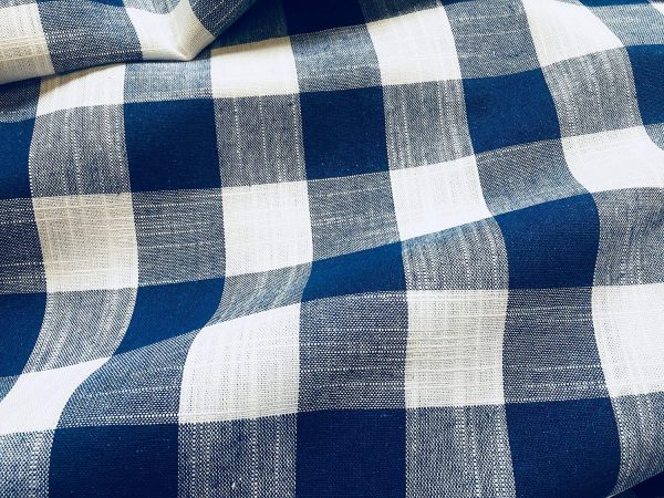 Gingham Linen Checked Linen Fabric Plaid Material Buffalo Check Cotton Yarn -140cm wide- Royal Blue & White