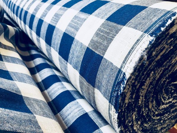 Gingham Linen Checked Linen Fabric Plaid Material Buffalo Check Cotton Yarn -140cm wide- Royal Blue & White