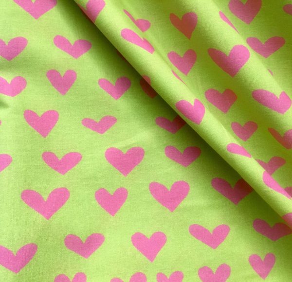 HEART Print 100% Cotton Poplin Fabric Material Lightweight Cloth Dress, Bedding, Curtains - 280cm (110") wide - Lime, Blue & Pink Hearts